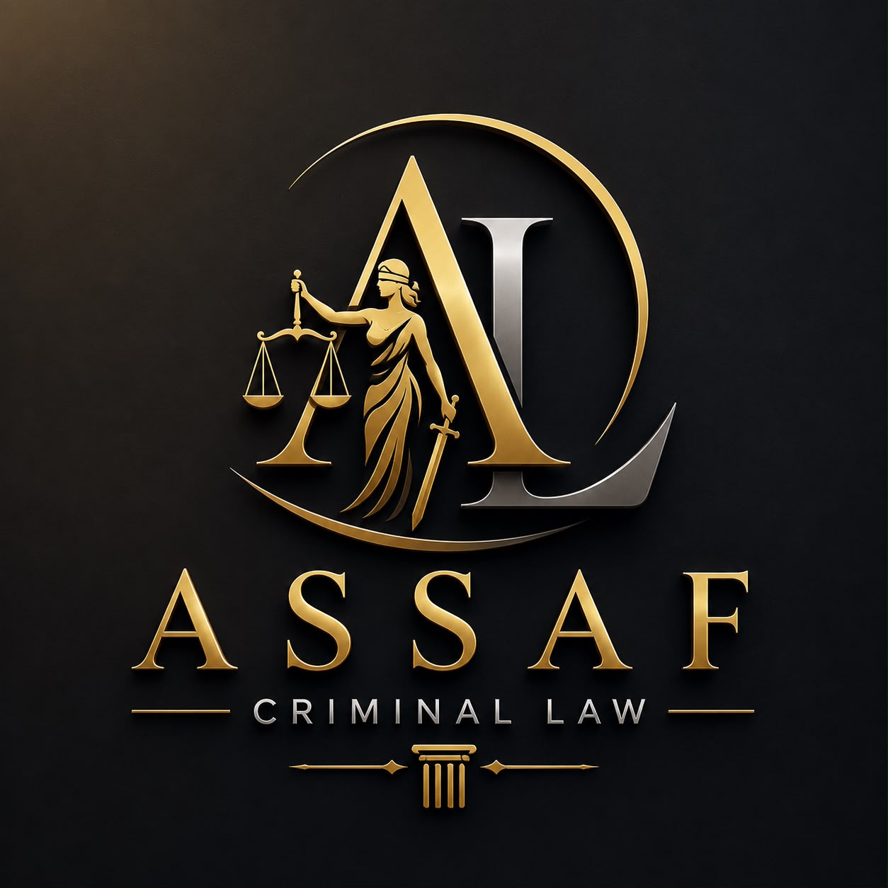 Assaf Criminal Law logo, gold Lady Justice monogram